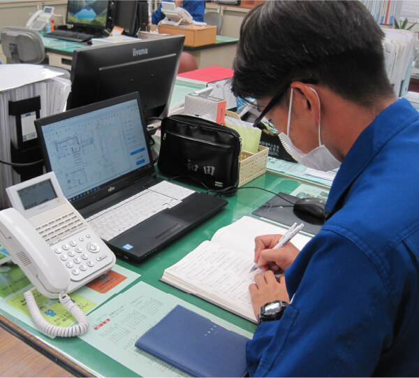 写真:新入社員が机に向かって報告書を書いている様子